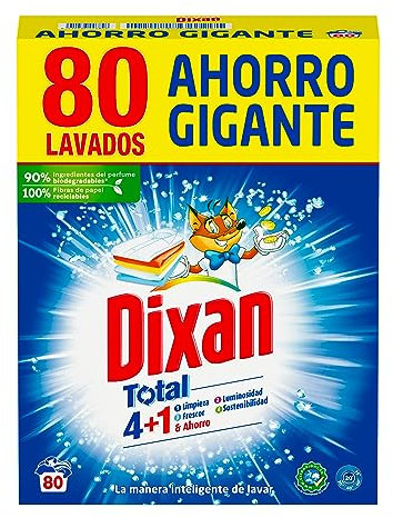 Dixan Polvo Total 3+1, Detergente en Polvo para Lavadora (80 lavados) jabón en polvo para lavar la ropa blanca y de color, Limpieza, luminosidad y frescor