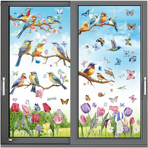 Spring Window Cling Sticker - 78PCS Tulip Butterfly Flower Hummingbirds Window Decal to Prevent Bird Strikes Home Party Decor Supplies Store Office Glass Display
