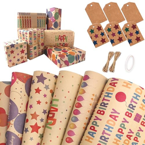 Niviy Geschenkpapier Geburtstag,6 Blatt Öko Kraft Geschenkpapier mit Braun und Bunte Gemischtes Muster,70 x 50CM Geschenkpapier Set mit Etiketten Klebeband Seil,Für Geburtstag,Babyparty,Einschulung