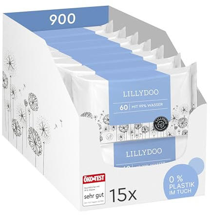 Toallitas húmedas para bebés LILLYDOO con un 99% de agua, 15 paquetes de 60 (900 unidades), 100% libres de plástico sin perfumes y tan suave como el algodón y el agua