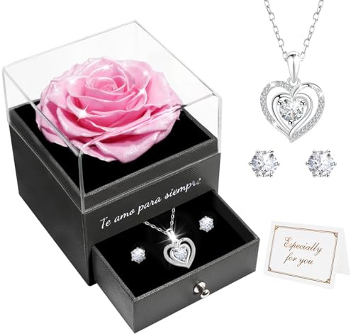 Miofula Rosa Eterna Regalos Originales para Mujer,Flores Preservadas Caja de Regalo con Collar y Aretes,Regalo Aniversario Pareja,Regalo Mujer Cumpleaños,Flor Eterna Regalo Novia Navidad San Valentin