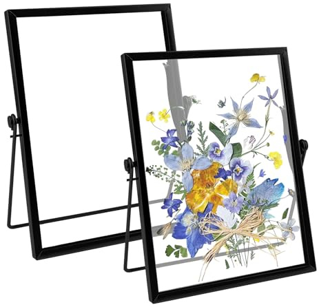 PRITOK Lot de 2 cadres photo debout en verre A5 - 15 x 20 cm - Double face - En métal doré - Pour photos, fleurs séchées, échantillons de plantes, noirs