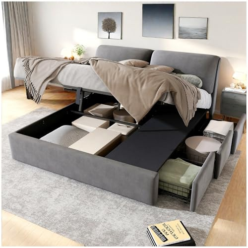Wyibwy Cama de matrimonio acolchada, 160 x 200 cm, con cabecero, tres cajones, contenedor hidráulico, somier de cama de matrimonio, dormitorio completo, sin colchón, de terciopelo, gris