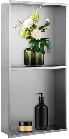 BAUNVB Recessed Shower Niche, 12x24 Two-Tier Brushed Nickel Wall Niche, Stainless Steel Cabinet Insert Tile Ready, NO Tile Needed for Wall Storage Organizer