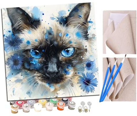 SENDJJ Peinture par Numero Adulte Aquarelle Marguerite bleue et chat siamois (13) DIY Peinture à l'huile Numéros Toile Paint by Numbers Peindre par Nombre Kits sans Cadre 40x40cm