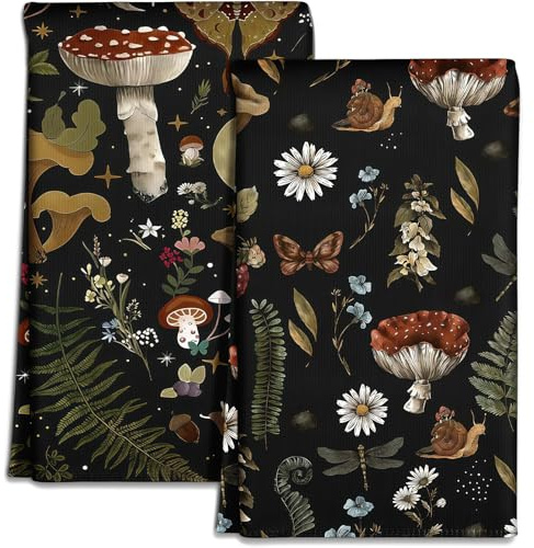 AstraGlam paños de Microfibra para Cocina – 2 Unidades paños de Cocina 45 x 66 cm, Toallas de Primavera con diseño de Hongos Negros, Suaves y absorbentes, diseño estético, Accesorios y decoración de