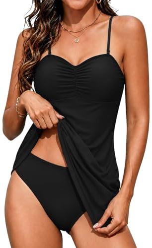 Rayson Costume da Bagno Donna 2 Pezzi Ruffle Push up Curvy Piega Tankini Donna Mare e Slip da Bagno Beachwear Controllo Pancia(Nero,L)