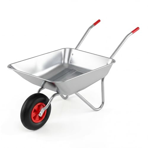 COSTWAY Carretilla de Obra, Galvanizado Metal, Carga 136kg, 62,5 L, Carretilla Jardín con 2 Manillares y Neumático Grande de Goma, Césped Jardín Patio Granja