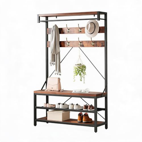 Gran perchero de entrada industrial con banco zapatero y 8 ganchos – Estante de almacenamiento de 3 niveles – Barra colgante – Estructura metálica robusta – Ideal para recibidor, salón o pasillo