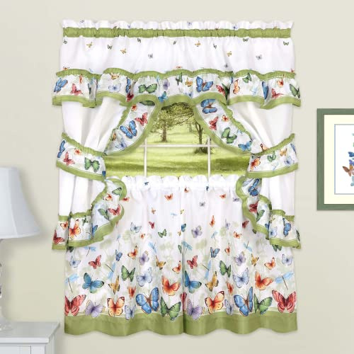 ACHIM Printed Cottage Window Curtain Set - 57 Inch Length, 36 Inch Width- Green Butterflies - Polyester Soft Window Treatment Include Valance, Attached Swaggers, Tiebacks & Two Tiers Home Decor