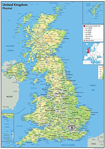 Physical Map of the UK - Size - 100 x 70 cm - Paper Laminated