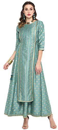 Janasya Abito Etnico in Seta Poli Indiana per Donna (Verde Chiaro,Medio)