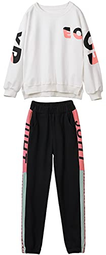 amropi 2 PCS Set Completo Ragazze Tuta a Righe Felpa Top + Jogging Pantalonio Bianco Nero,11-12 Anni