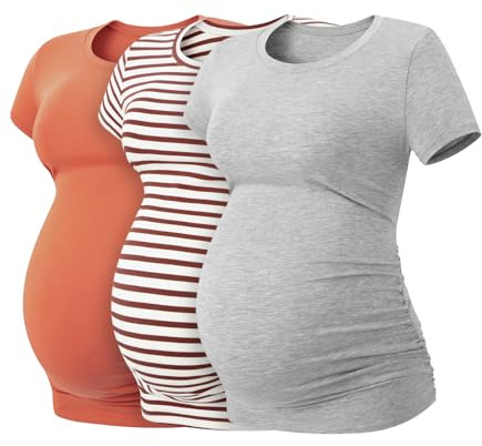 LAPASA Lot de 3 T-Shirts de Maternité Femme Vêtements de Grossesse Maillot de Corps Enceinte Manches Courtes L55 1 Rouge Foncé, 1 à Rayures Rouge, 1 Gris Chiné L
