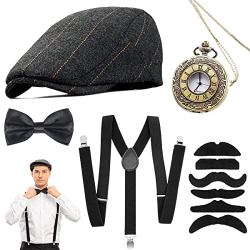 1920s Uomo Accessori, Set di Accessori Anni 1920s per Costume da uomo, Kit costume Gatsby, con Cappello Panama, Elastica Bretella Y-Back, Farfallino, Sigaro, Orologio da Taschino Vintage, Baffi Finti
