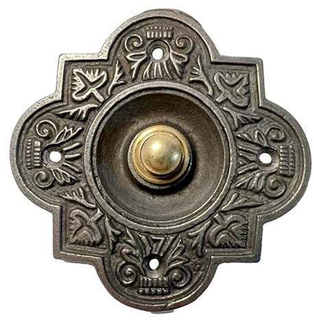 Cast Iron Traditional Quatrefoil Shape Doorbell Push Button |10cm x 10cm | Brass Push Button with cast Iron Surround | Vintage Style Door Bell Push