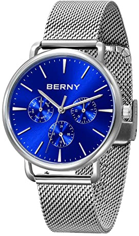 BERNY Quartz Watch for Men, Miyota 6P29, 5ATM Waterproof Male Wristwatch