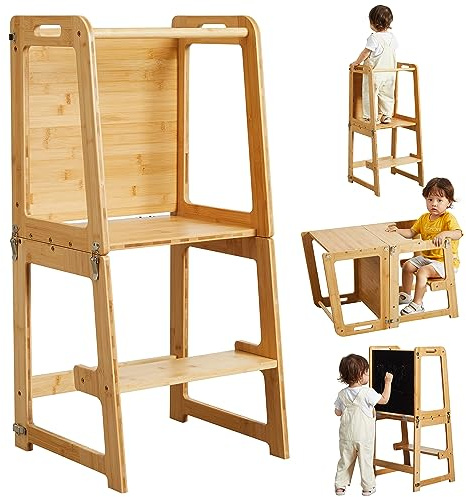 4-in-1 Standing Tower for Toddlers and Kids 1-6 Years, Bamboo Kitchen Learning Helper Stool with Chalkboard, Desk Table, and Chair (Natural)