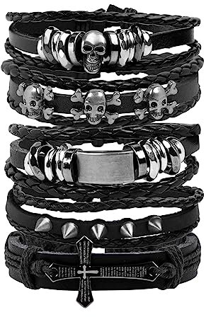 MILAKOO 5 Stück Lederarmbänder Gothic Punk Geflochtene Armband Einstellbar Manschette Armband für Männer Frau