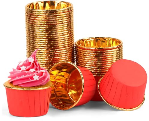 Encuryna 100 stycken pappersmuffinsformar, engångsaluminiumfolie pappersbakformar cupcake liners, cupcake-formar för muffin tårta pudding dessert party bröllop födelsedag dekor (6# röd)