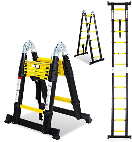 Fiqops Échelle télescopique Pliante en Aluminium - 3,8 m (1,9 m + 1,9 m) - Échelle Extensible - Antidérapante - Charge maximale : 150 kg - Noir et Jaune
