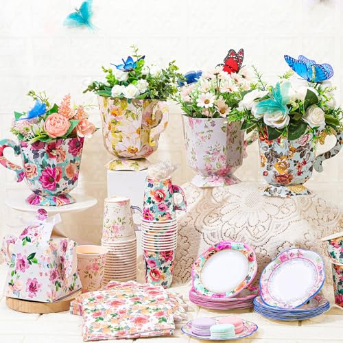 Sliner 166 Pcs Tea Party Supplies Tableware Include 50 Napkins 36 Plates 36 Cups 36 Floral Teapot Boxes 8 Princess Table Centerpieces for Floral Tea Themed Birthday Party Supplies Baby Shower Wedding