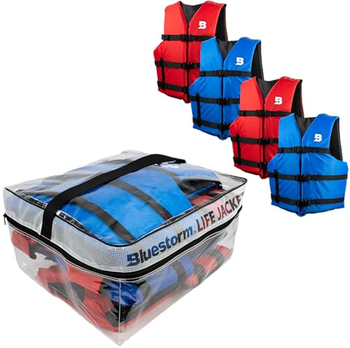 BLUESTORM Universal General Boating Life Jacket for Adults | US Coast Guard (USCG) Approved Type 3 Universal Foam Life Vest Preserver (PFD) (Nitro Red and Cobalt Blue, 4 Pack in a Bag)