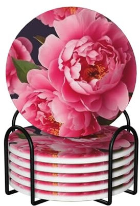 FHPCE Getränkeuntersetzer mit Halter, Keramik-Untersetzer für Getränke, Pfingstrosen, Blumen, Untersetzer, Set mit 6 runden Tassen, Matte für Zuhause, Tischschutzmatte für Heimdekoration, 10,2 cm