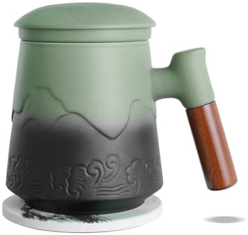 ZENS Embossed Ceramic Tea Cup with Lid, 450 ML Wood Handle Infuser Mug with Coaster and Strainer for Loose Tea Lovers Gifts, Steeper Accessories