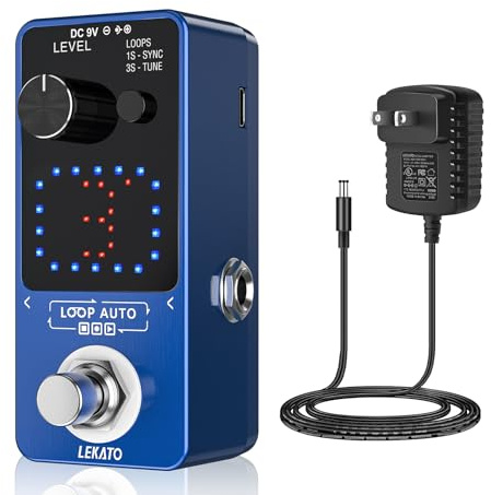 LEKATO Pedal Looper de guitarra, con adaptador de fuente de alimentación de 9 V 0,6 A, pedal de bucle de efecto con función de sincronización y afinador, pedal Looper para guitarra eléctrica, 3 bucles
