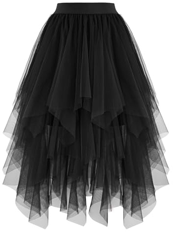 Ellames Women's Tulle Skirts High Low Layered Puffy Fairy Skirts Midi Length Irregular Tutu Skirt Black Large