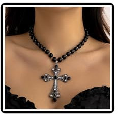 Dishowme Crystal Pearl Cross Necklace Punk Faux Pearl Pendant Necklace Chain Vintage Rhinestone Crucifix Jewelry for Women (Black)