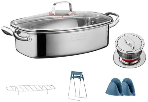 Vaporiera Ovale Per Pesce Con Timer, Pentola Per Cottura A Vapore In Acciaio Inossidabile 18/10, Grande Capacità Multifunzione Universale Per Piano Cottura A Induzione, Gas (Singolo Strato)