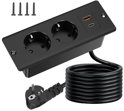 KBIBCK Inbyggt uttag med USB och Type-C, 4-i-1 bordsuttag, 2-vägs installation grenuttag, bordsskiva försänkt med 2 m kabel, flera kontakter