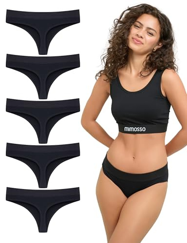 mimosso Lot de 5 tangas confortables pour femme en coton bio - Respirants, sans coutures - Sous-vêtements sexy et confortables (Taille S à 2XL), Noir , M