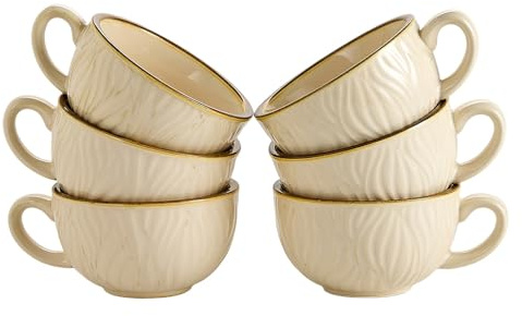 Coffeezone Set of 6 Vintage Design 12 oz Professional Barista Ceramic Latte Art Cappuccino Cups Set (Wave Beige)