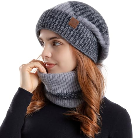 Sahunfri Ensemble bonnet et écharpe pour femme – Bonnet souple et écharpe d'hiver pour femme, parfait pour temps froid, tricot acrylique doux, confortable et élégant, cadeau pour femme, gris, taille