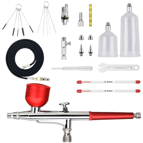 Behogan Airbrush Set Doppelaktion Airbrushpistole Kit, Tragbares Airbrush Set,Mehrzweck Tragba Air Brush Kit mit 0,2mm, 0,5mm Düsen,Becher und Reinigungsset,Airbrush Zubehör für Malen Tattoo Nail Art