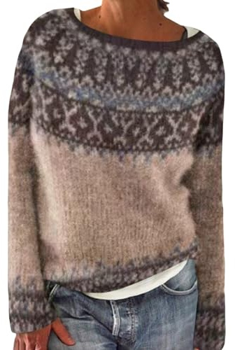 Maglioni Donna Curvy Invernale Elegante Maglioni Norvegese Lana Girocollo Maniche Lunghe Maglione Lavorato a Maglia Lana Islandese Sciolto Casual Pullover Natalizio Caldo Maglia Top Colorato Morbido