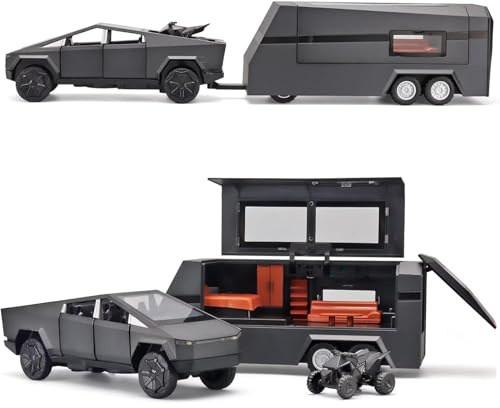 MODVKVK Camion maquette de voiture, camion jouet avec camping-car, moto de plage, kit de modélisme 1:32 pour remorque pick-up en alliage moulé sous pression avec lumière et son (noir)