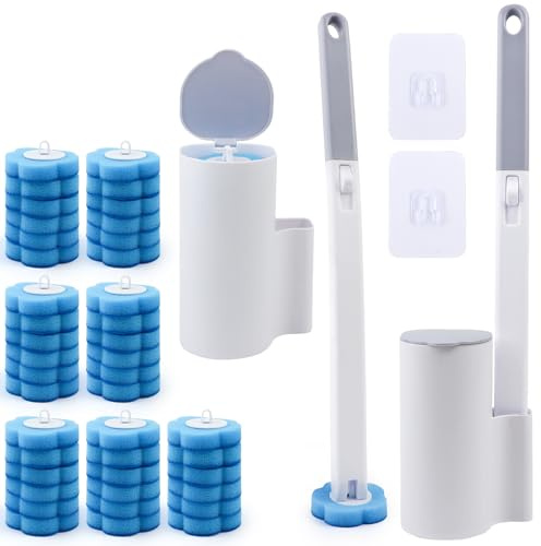 Escobilla Baño Desechable WC, Cepillo Inodoro con 42 Recambio Escobilla WC & 2 Toilet Brush Mango Largo Montado En La Pared, Toilet Brush Mango Largo para Limpieza de Inodoro, Lavabo y Bañera
