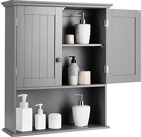 COSTWAY Hängeschrank Medizinschrank, Wandschrank mit Doppeltür, Badschrank Küchenschrank Unterschrank mit Einstellbarer Ablage, Schrank für Badezimmer Küche Eingangsbereich (Grau)