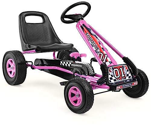 HONEY JOY Go Kart for Kids, 4 Wheel Quad Off-Road Pedal On Foot Go Cart w/Steering Wheels & Adjustable Seat, 2 Safety Brakes, EVA Rubber Tires, Clutch, Outdoor Racer Ride On Pedal Car (Pink)