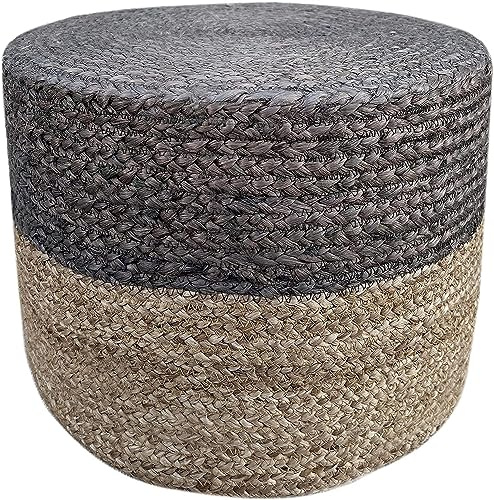 The Knitted Co. Jute Pouf Ottoman | Footrest Pouf | Hand Braided - Round Boho Pouffe - for Living Room, Bedroom, Nursery (20x20x10) Grey