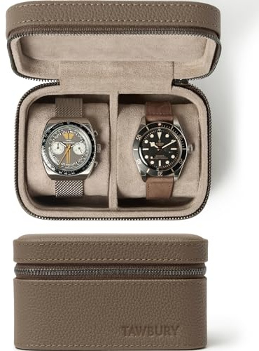 TAWBURY Scatola lussuosa per orologi in pelle, unisex, da viaggio, con chiusura a cerniera, in vera pelle color talpa, custodia rotolo per orologi da uomo