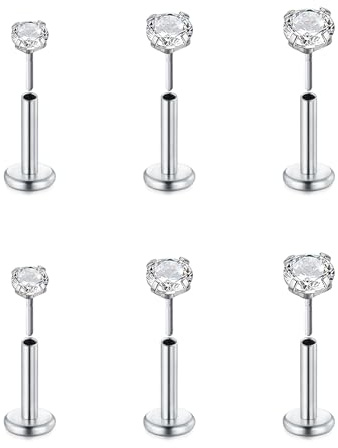 FECTAS 6pcs Senza Filo Push-in Cartilagine Tragus Helix Piercing Gioielli Flat Back Stud Orecchini in Acciaio Inox 16G 6mm Lip Bars Labret Stud Lip Ear Medusa Piercing 2mm 3mm 4mm CZ Silver