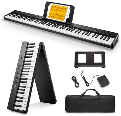 Donner DP-10 Tragbare Klaviertastatur 88 Tasten für Anfänger, Bluetooth faltbare Piano mit 128 Rhythmen, Akkord, Schallplatte, faltbares Digital Piano Bundle mit Pedal, Klaviertasche, Schwarz