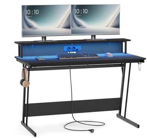 VASAGLE Bureau Gaming avec LED et Multiprise, Table Gamer, Bureau Informatique avec Rehausseur d’Écran, pour 2 Ordinateurs, pour Chambre, 60 x 120 x 76 cm, Noir Carbone LWD192B02