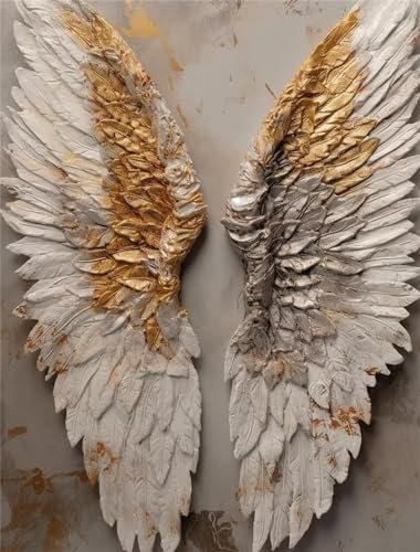 5D Diamond Painting Flügel Diamand Painting Erwachsene GoldweißE Flügel Diamond Painting Kinder, DIY Diamant Painting Bilder Komplettes Diamand Painting Zubehörset, für Zimmer Deko Wohnzimmer 70x92cm