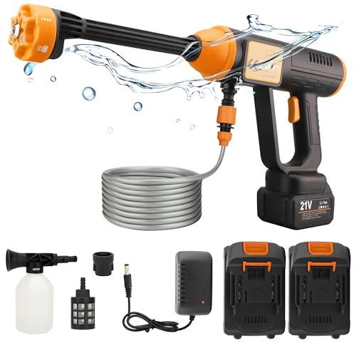 Nettoyeur Haute Pression sans Fil, Nettoyeur Haute Pression sur Batterie 21V, Pistolet Nettoyeur Portable avec Buse 6 en 1, Tuyau de 5M pour Voiture, Cour, Jardin, Maison et Vitres